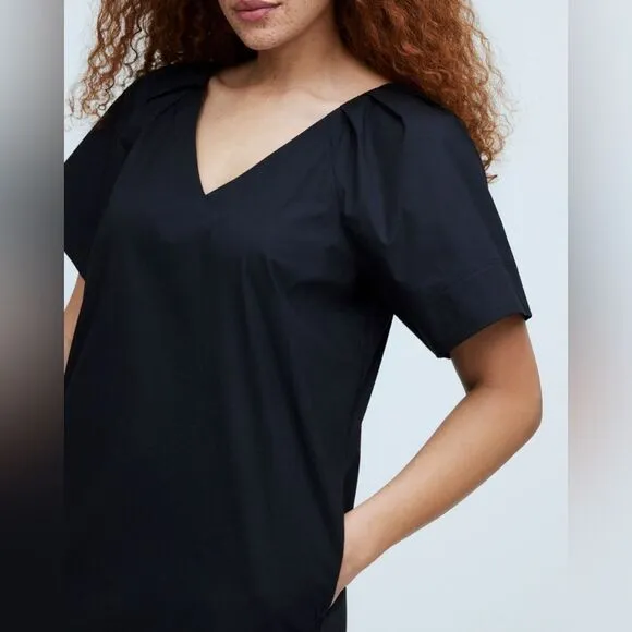 Madewell Kuma V-Neck Mini Shirtdress dress black puff sleeves women’s Sz XL NWT