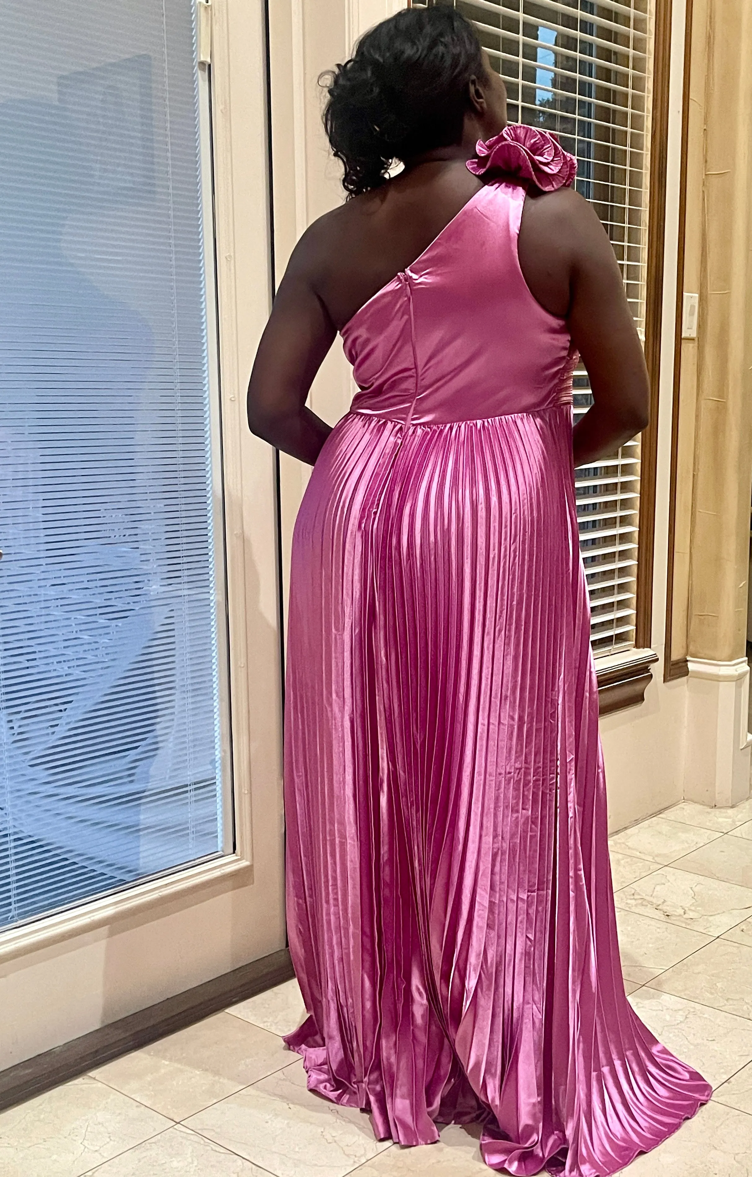 Magenta One Shoulder Pleated Dress
