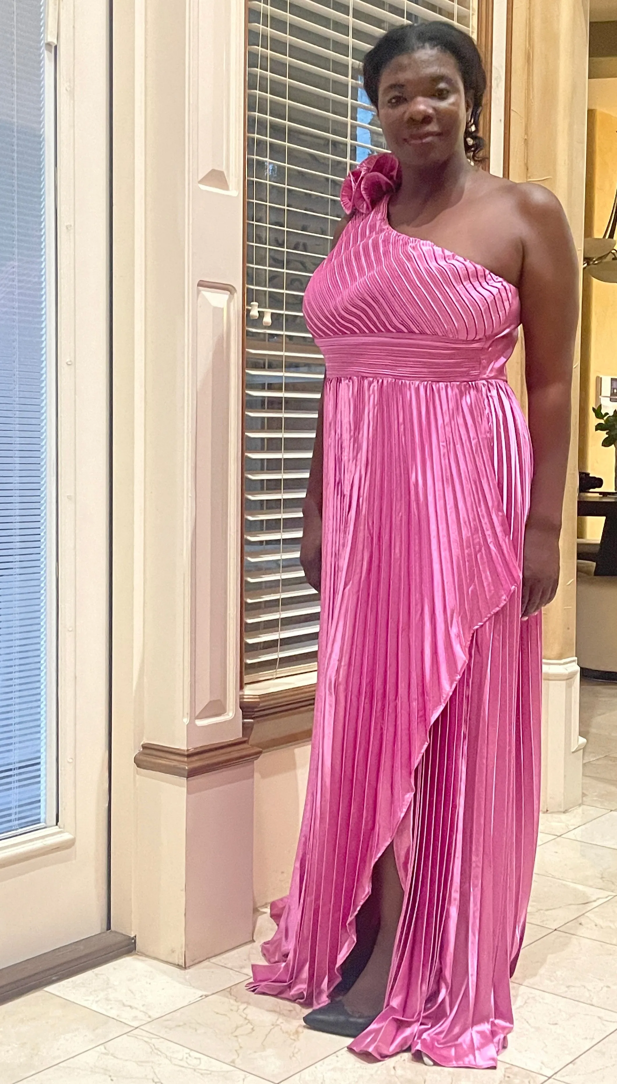 Magenta One Shoulder Pleated Dress