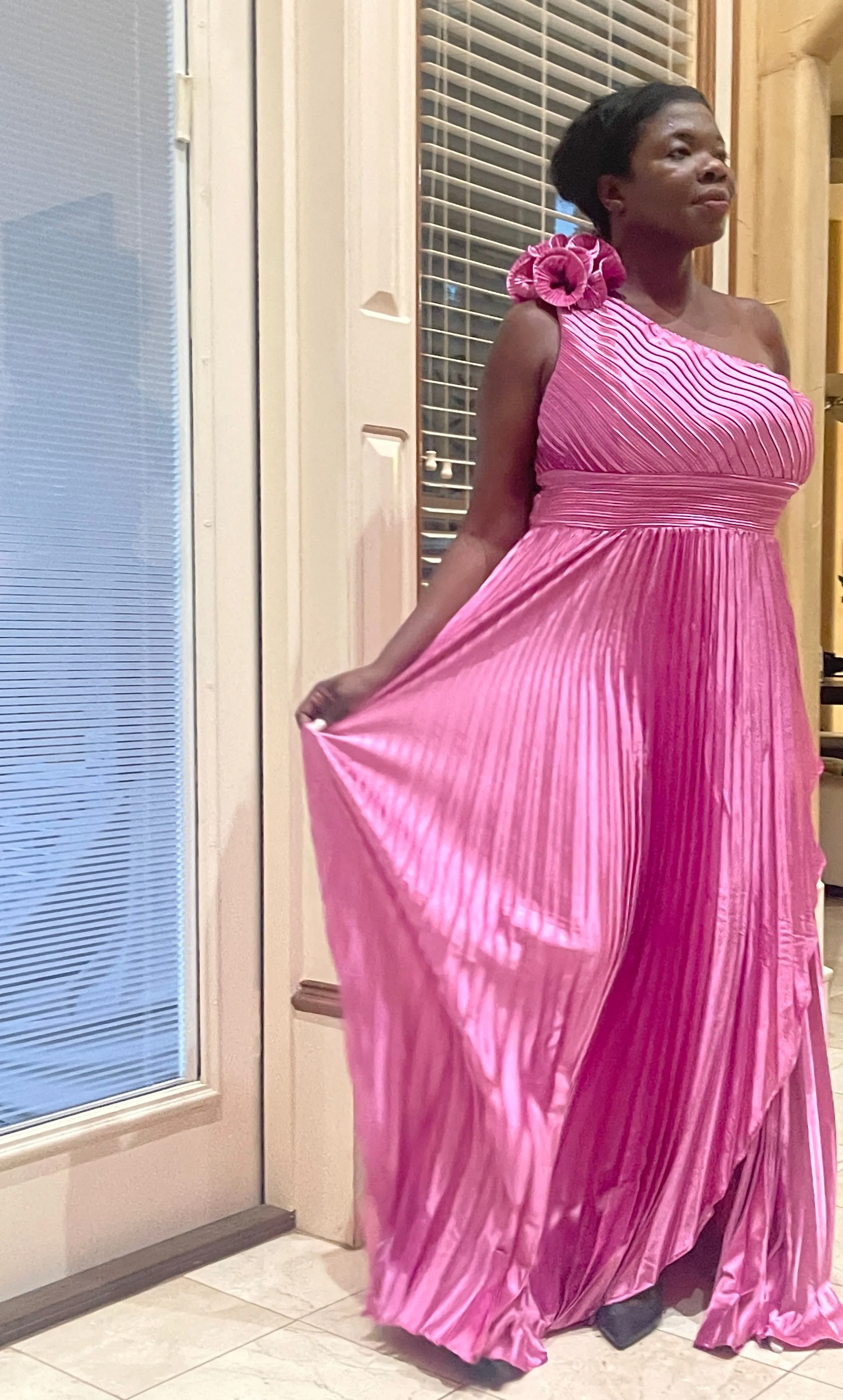 Magenta One Shoulder Pleated Dress