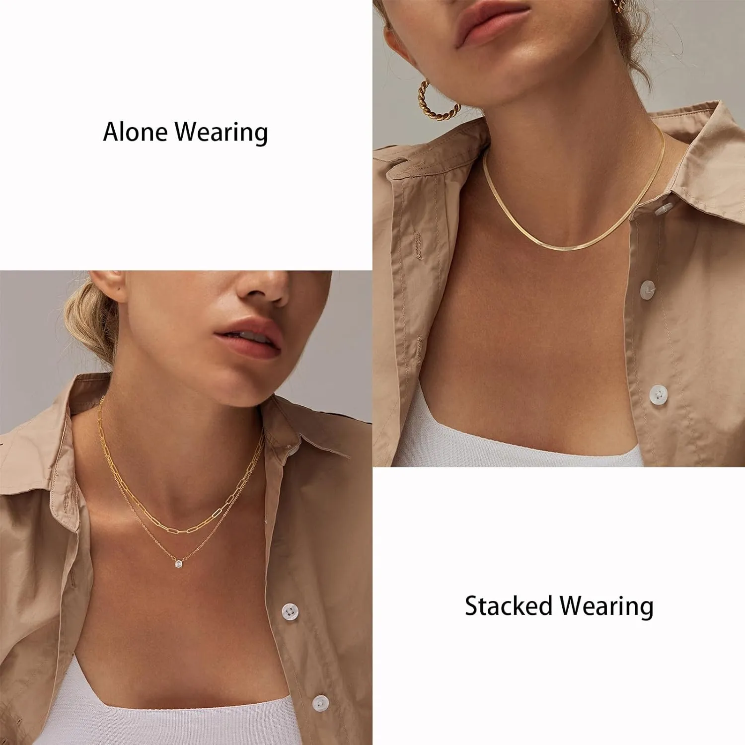 MBW Gold Layered Set Necklaces for Women, Dainty 14K Gold Plated Layered CZ Pendant Necklaces Simple Gold Herringbone Snake Choker Cuban Link Paperclip Chain Necklace Jewelry Sets for Women Girls