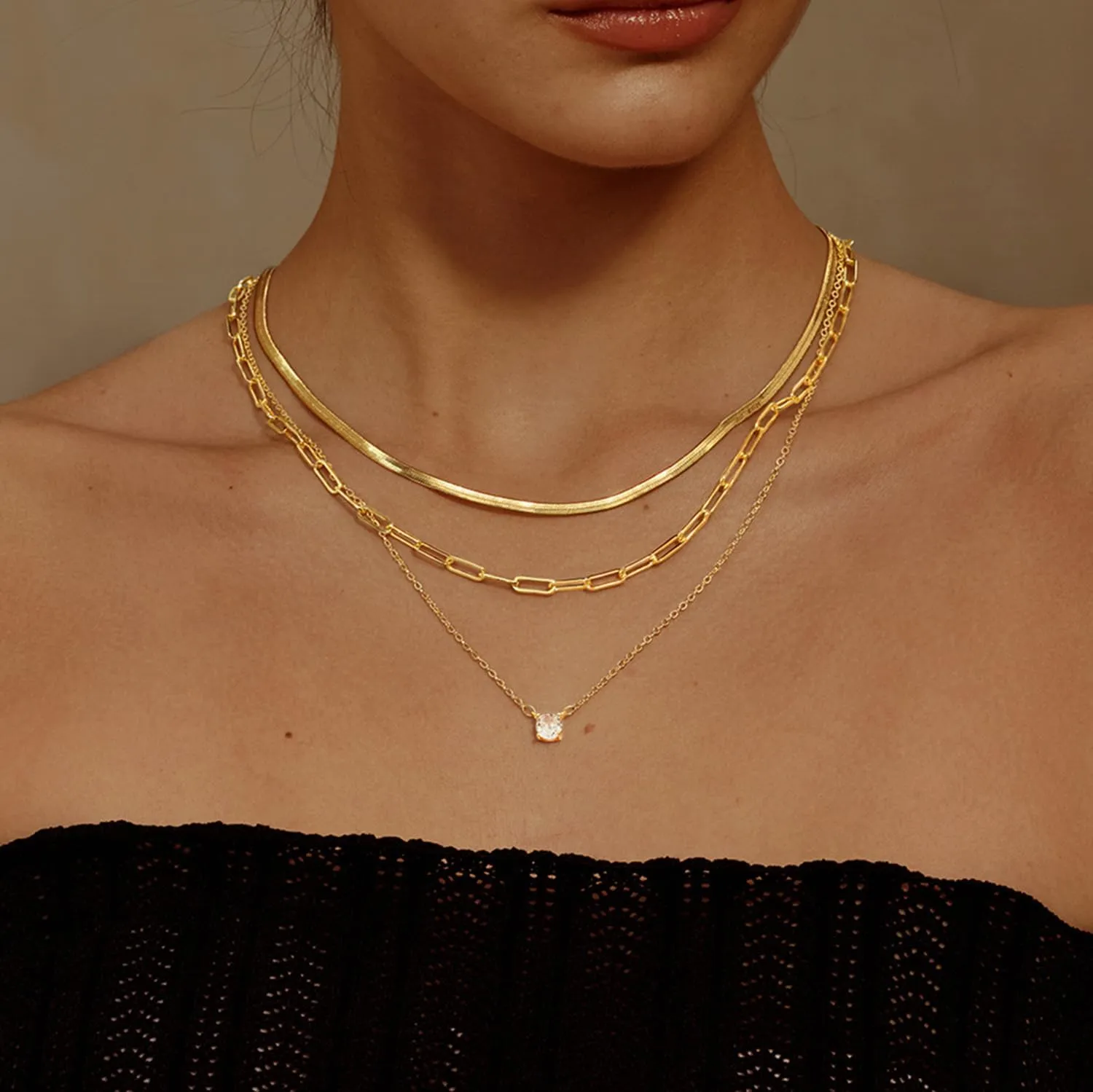 MBW Gold Layered Set Necklaces for Women, Dainty 14K Gold Plated Layered CZ Pendant Necklaces Simple Gold Herringbone Snake Choker Cuban Link Paperclip Chain Necklace Jewelry Sets for Women Girls