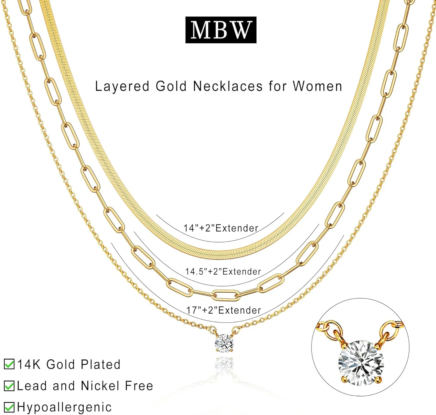 MBW Gold Layered Set Necklaces for Women, Dainty 14K Gold Plated Layered CZ Pendant Necklaces Simple Gold Herringbone Snake Choker Cuban Link Paperclip Chain Necklace Jewelry Sets for Women Girls