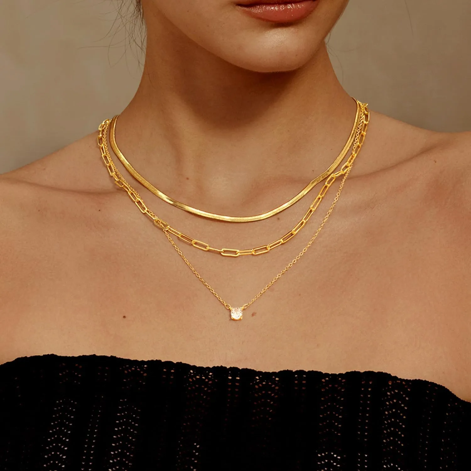 MBW Gold Layered Set Necklaces for Women, Dainty 14K Gold Plated Layered CZ Pendant Necklaces Simple Gold Herringbone Snake Choker Cuban Link Paperclip Chain Necklace Jewelry Sets for Women Girls