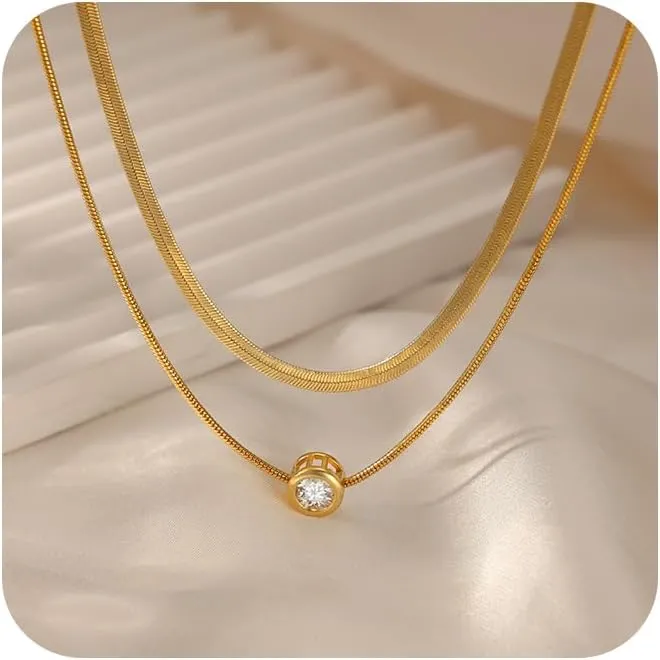 MBW Gold Layered Set Necklaces for Women, Dainty 14K Gold Plated Layered CZ Pendant Necklaces Simple Gold Herringbone Snake Choker Cuban Link Paperclip Chain Necklace Jewelry Sets for Women Girls