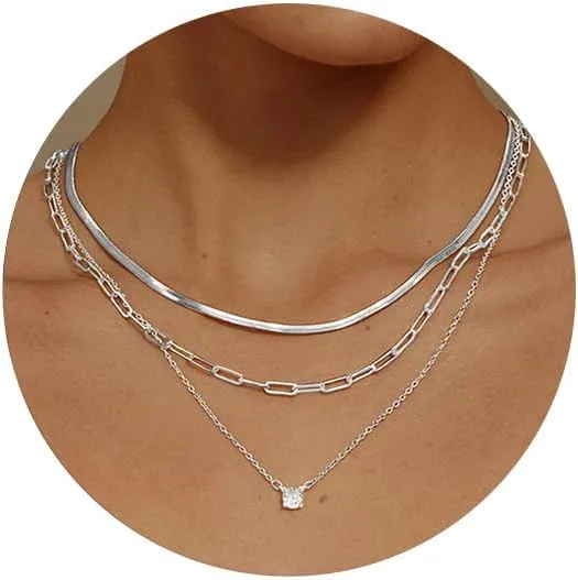 MBW Gold Layered Set Necklaces for Women, Dainty 14K Gold Plated Layered CZ Pendant Necklaces Simple Gold Herringbone Snake Choker Cuban Link Paperclip Chain Necklace Jewelry Sets for Women Girls