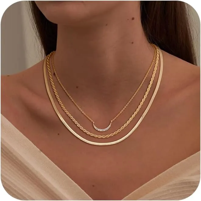 MBW Gold Layered Set Necklaces for Women, Dainty 14K Gold Plated Layered CZ Pendant Necklaces Simple Gold Herringbone Snake Choker Cuban Link Paperclip Chain Necklace Jewelry Sets for Women Girls