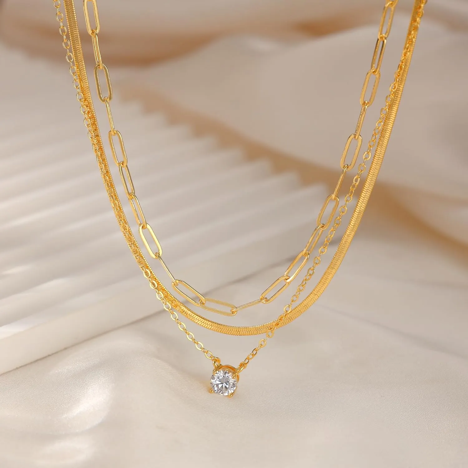 MBW Gold Layered Set Necklaces for Women, Dainty 14K Gold Plated Layered CZ Pendant Necklaces Simple Gold Herringbone Snake Choker Cuban Link Paperclip Chain Necklace Jewelry Sets for Women Girls