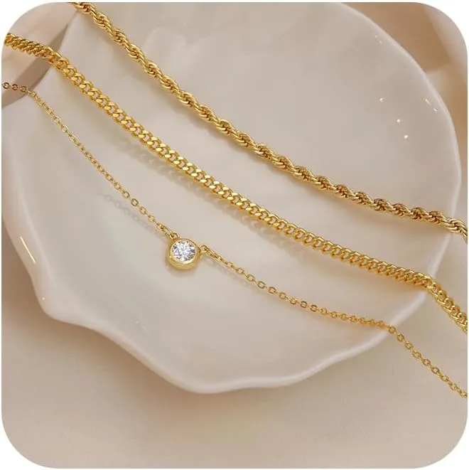 MBW Gold Layered Set Necklaces for Women, Dainty 14K Gold Plated Layered CZ Pendant Necklaces Simple Gold Herringbone Snake Choker Cuban Link Paperclip Chain Necklace Jewelry Sets for Women Girls