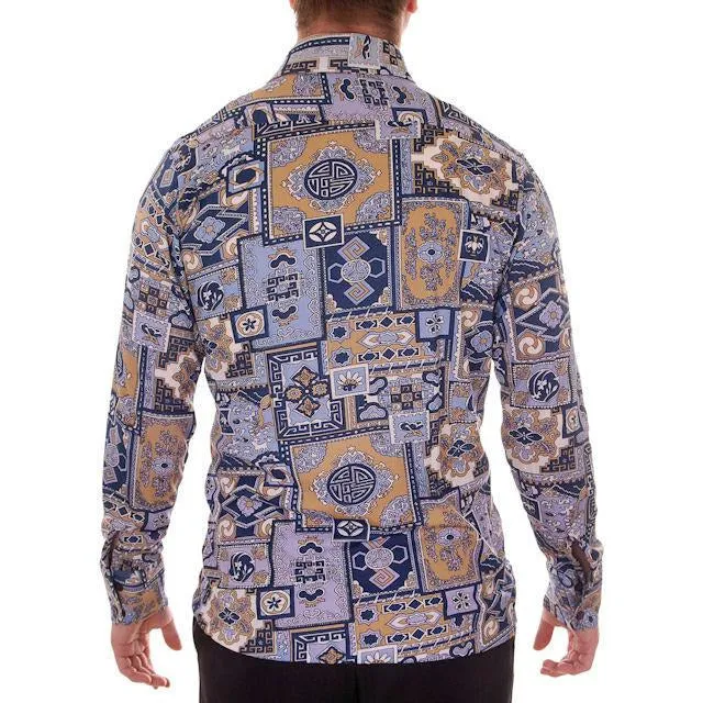 Mens Vintage Nylon Body Shirt 1970s Disco Style Large Geometric Print