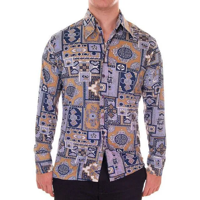 Mens Vintage Nylon Body Shirt 1970s Disco Style Large Geometric Print
