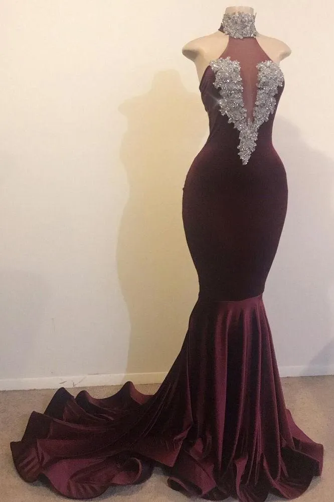 Mermaid Open Back Chic High Neck Silver Beads Appliques Prom Party Gowns