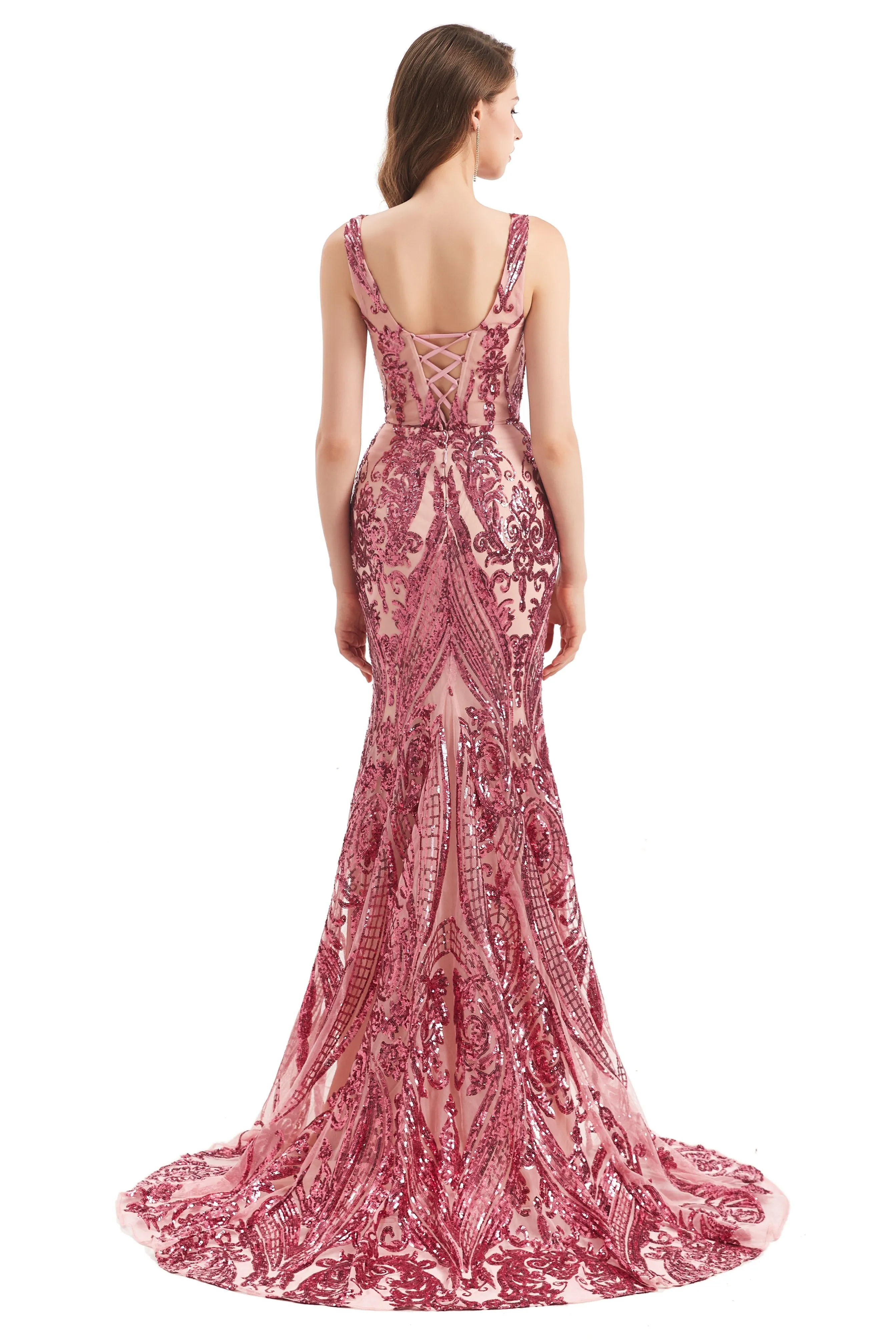 Mermaid V-neck Lace Sequined Floor-length Sleeveless Open Back Prom Dress