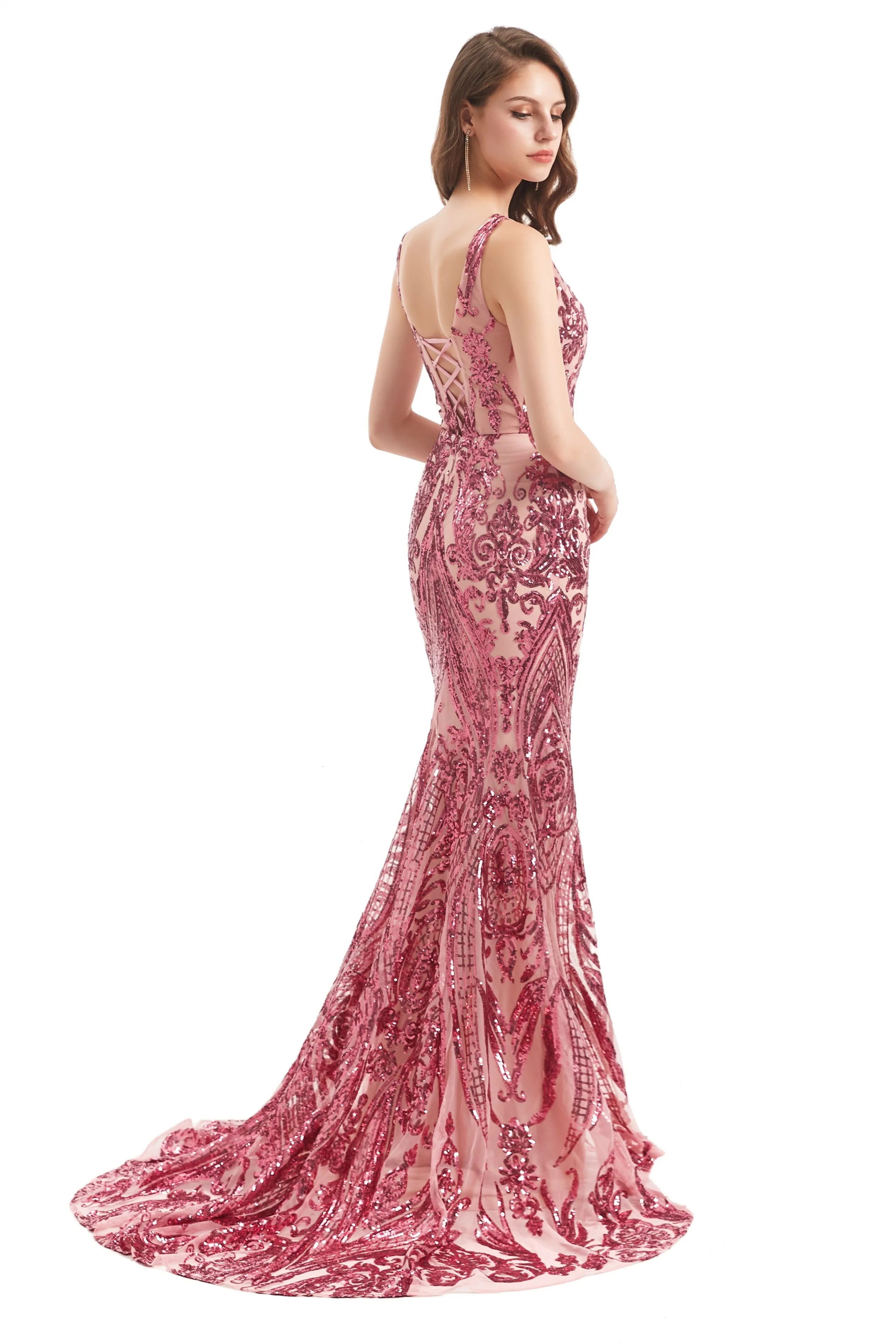 Mermaid V-neck Lace Sequined Floor-length Sleeveless Open Back Prom Dress