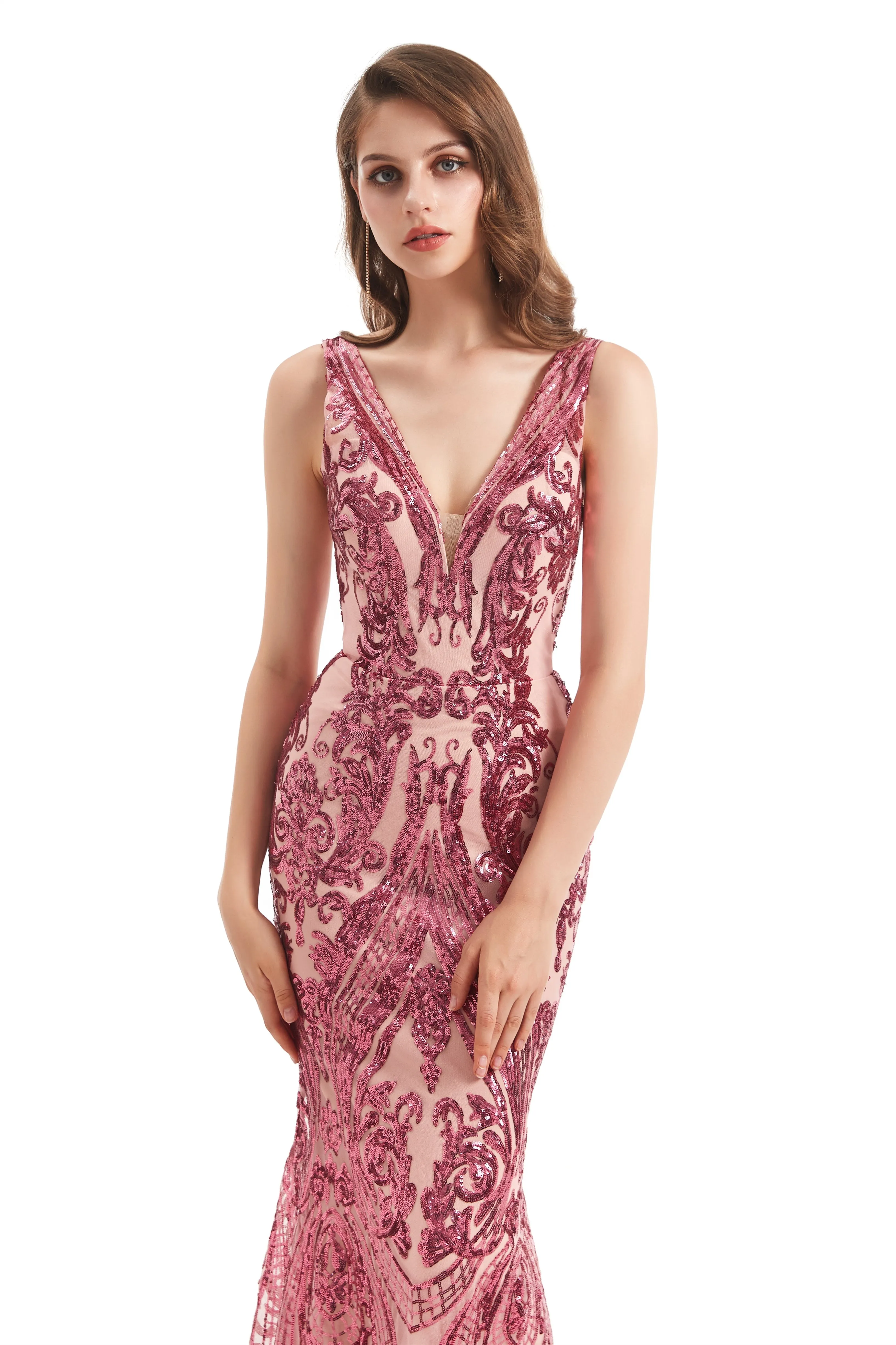 Mermaid V-neck Lace Sequined Floor-length Sleeveless Open Back Prom Dress