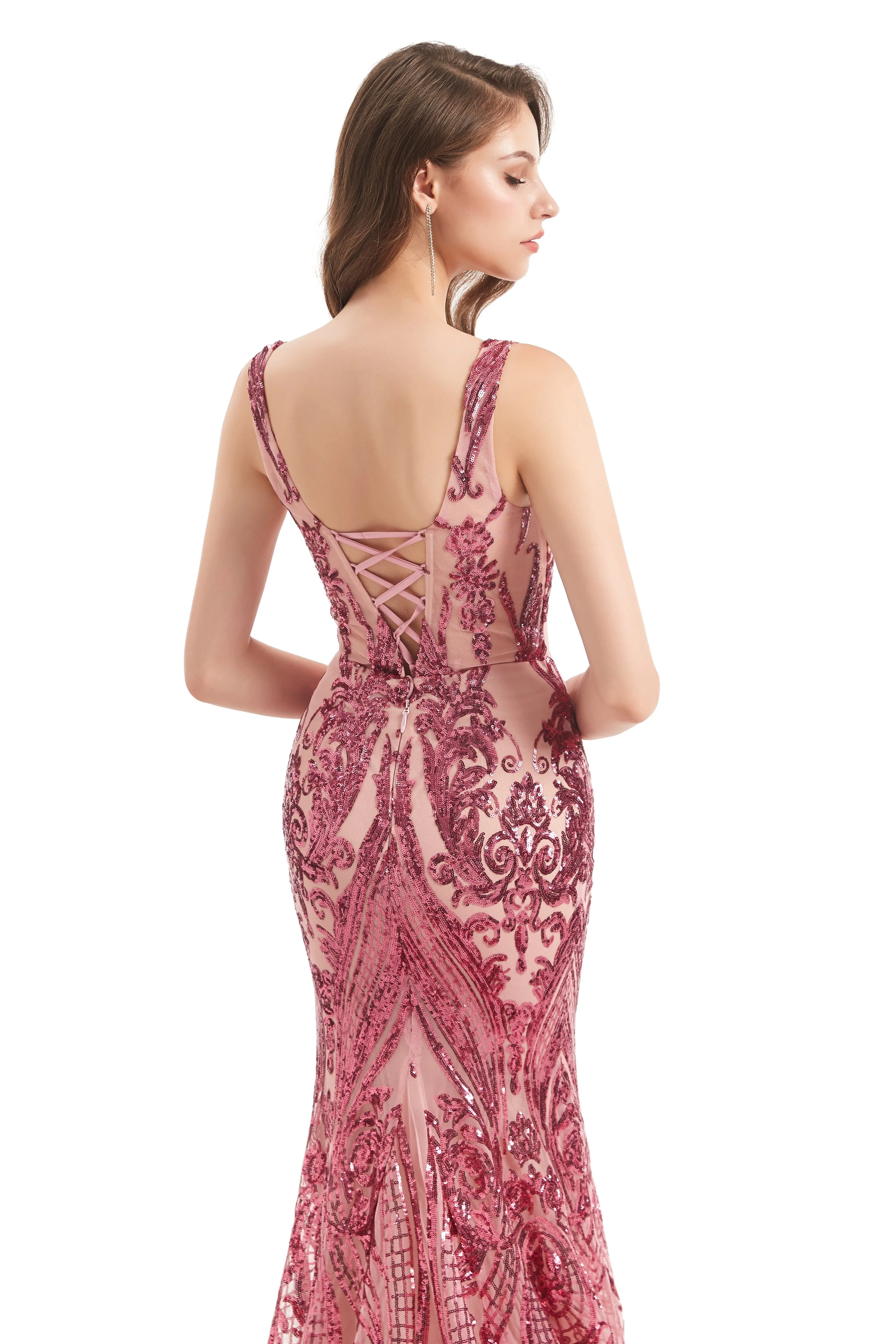 Mermaid V-neck Lace Sequined Floor-length Sleeveless Open Back Prom Dress