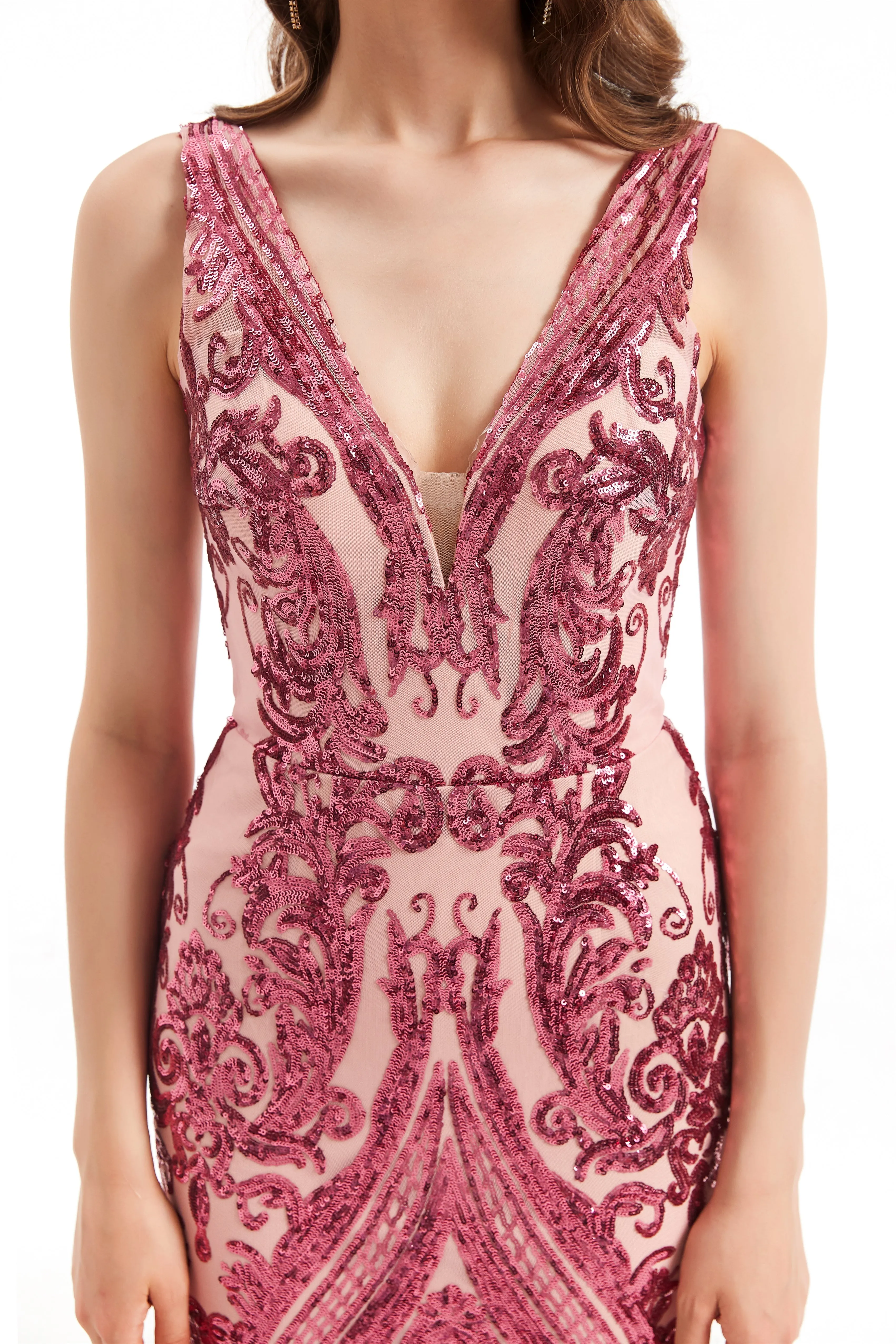 Mermaid V-neck Lace Sequined Floor-length Sleeveless Open Back Prom Dress