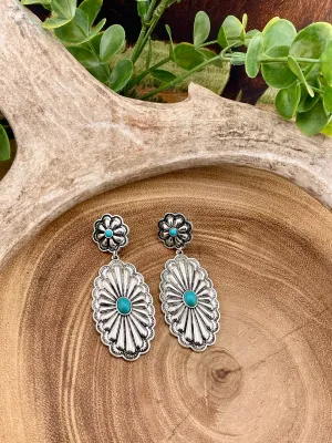Miller Flower Post Oval Drop Double Concho Earrings - Turquoise