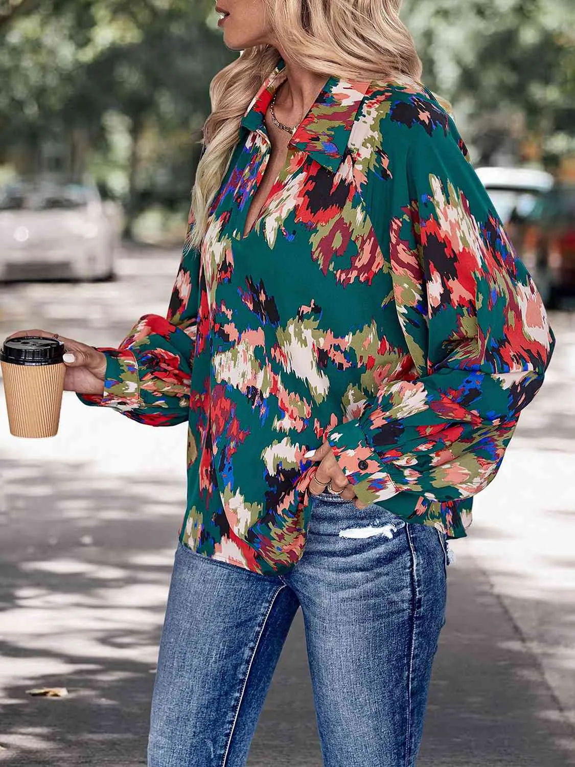Miriam Printed Johnny Collar Long Sleeve Blouse