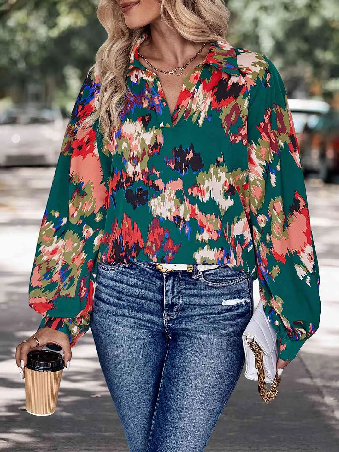 Miriam Printed Johnny Collar Long Sleeve Blouse