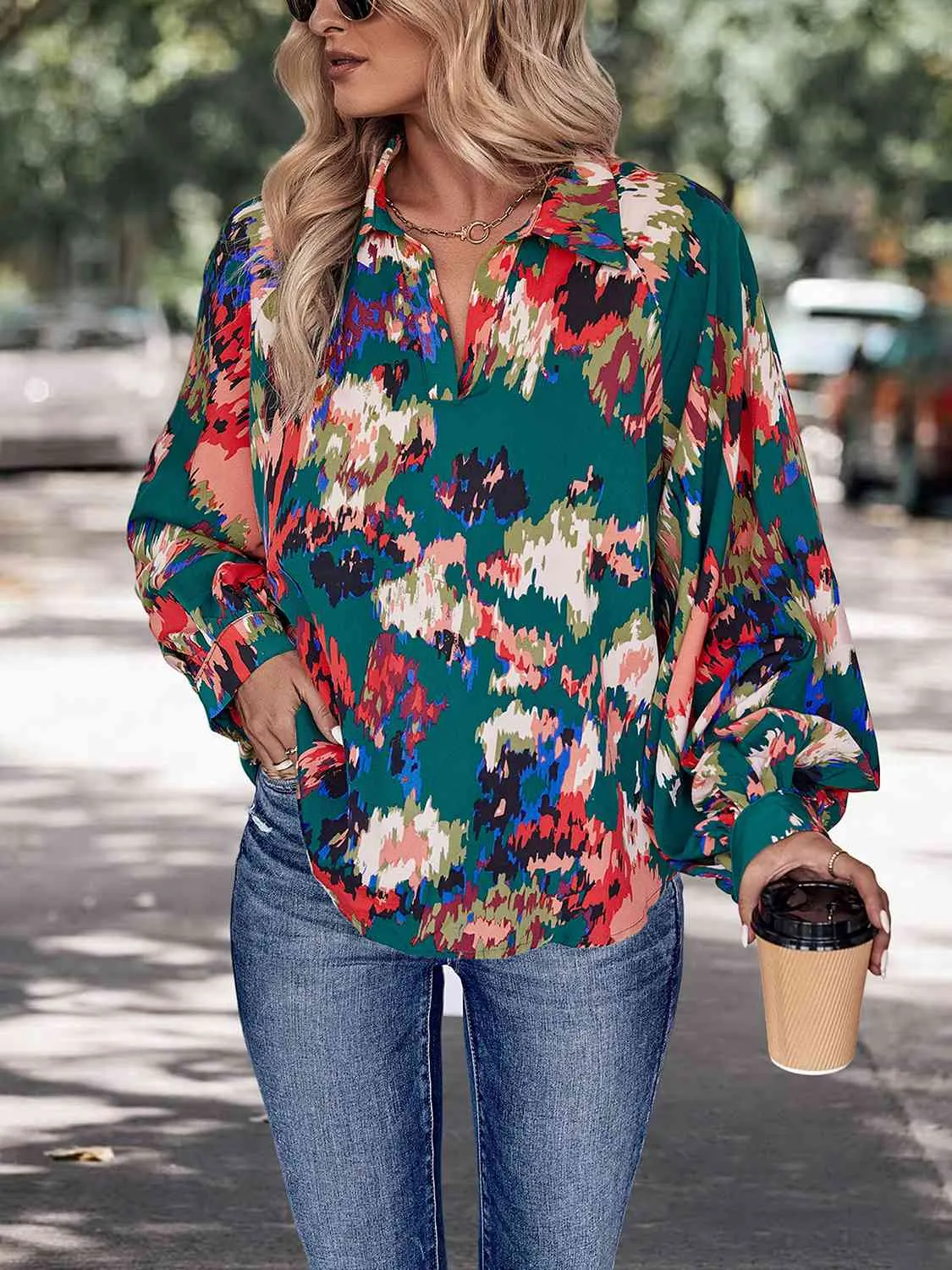 Miriam Printed Johnny Collar Long Sleeve Blouse