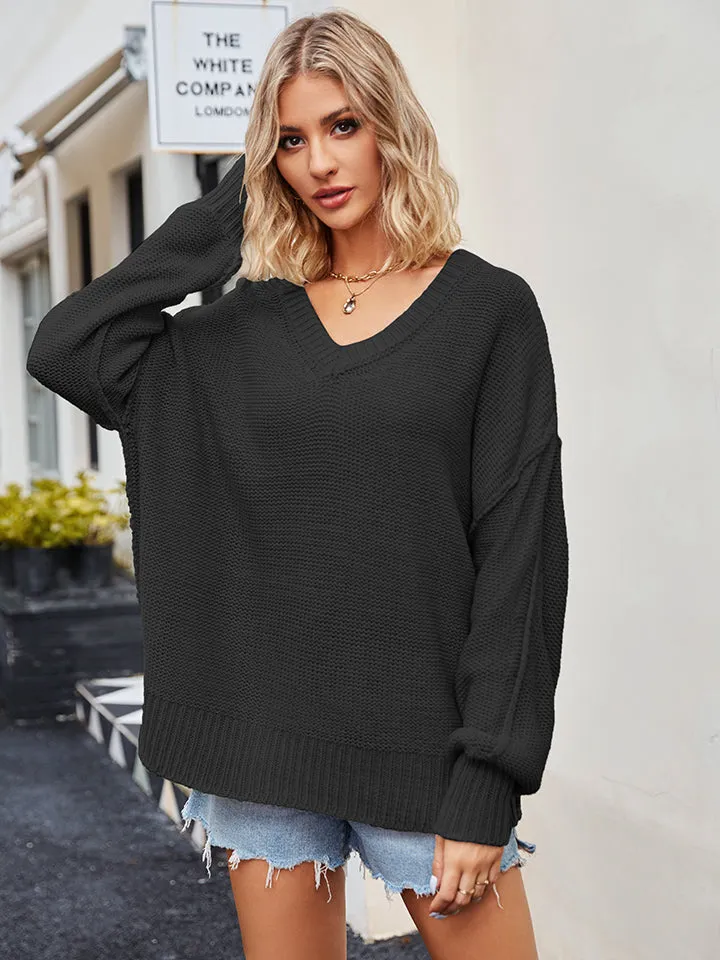 Molly V-Neck Ribbed Dropped Shoulder Knit Top