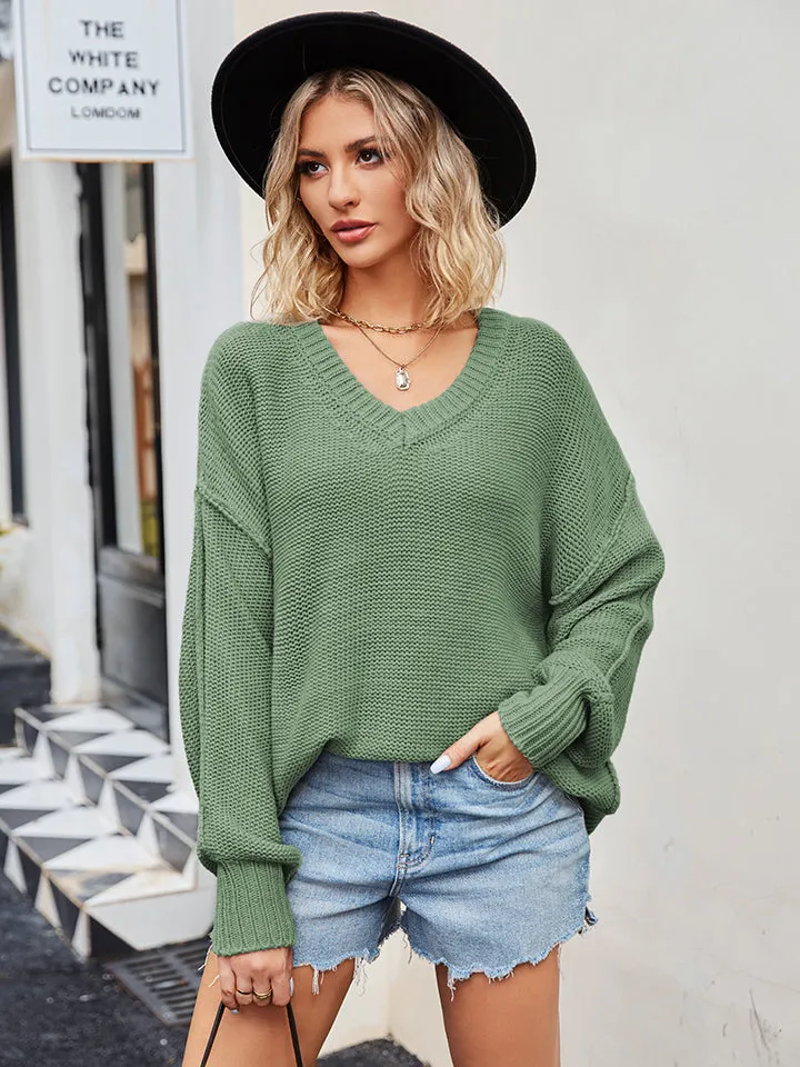 Molly V-Neck Ribbed Dropped Shoulder Knit Top