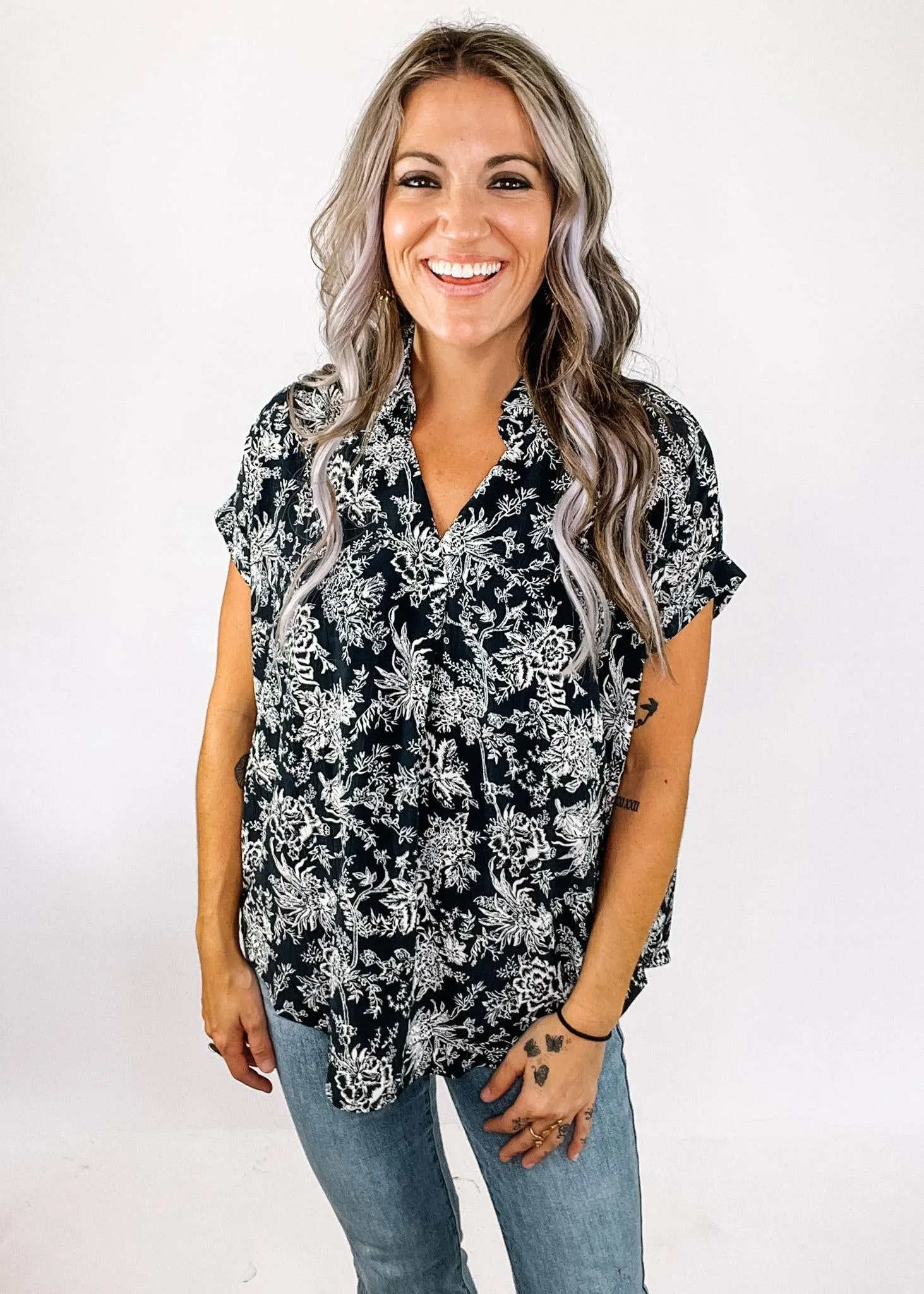 Navy Ivory Floral Dolman Blouse