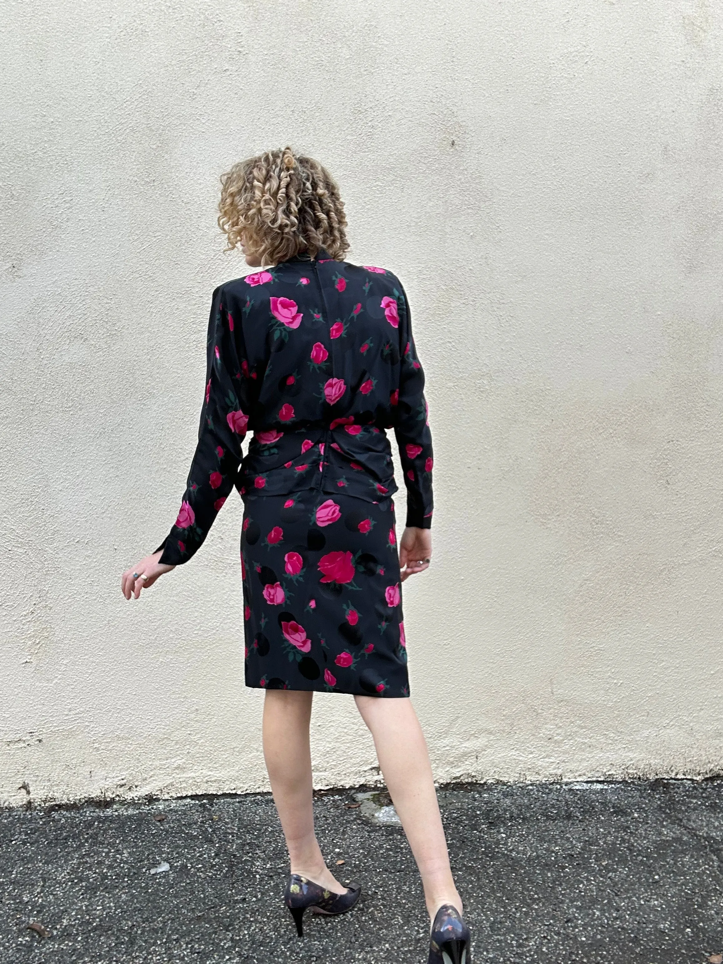 Nina Ricci Boutique Black Silk Dress with Rose Print