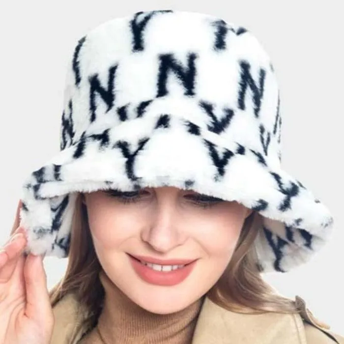 NY Patterned White Faux Fur Bucket Hat