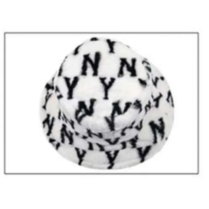 NY Patterned White Faux Fur Bucket Hat