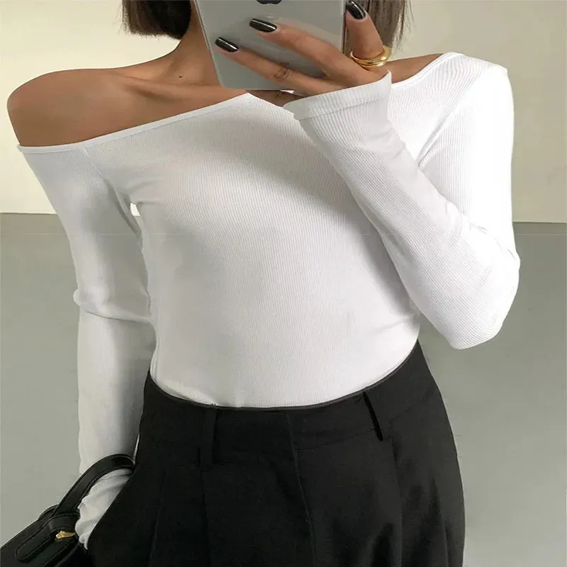 Off-Shoulder Aura™ | Women's Slim Fit Crop Top | Solid Color, Long Sleeves, Hollow Out Design for Spring Style