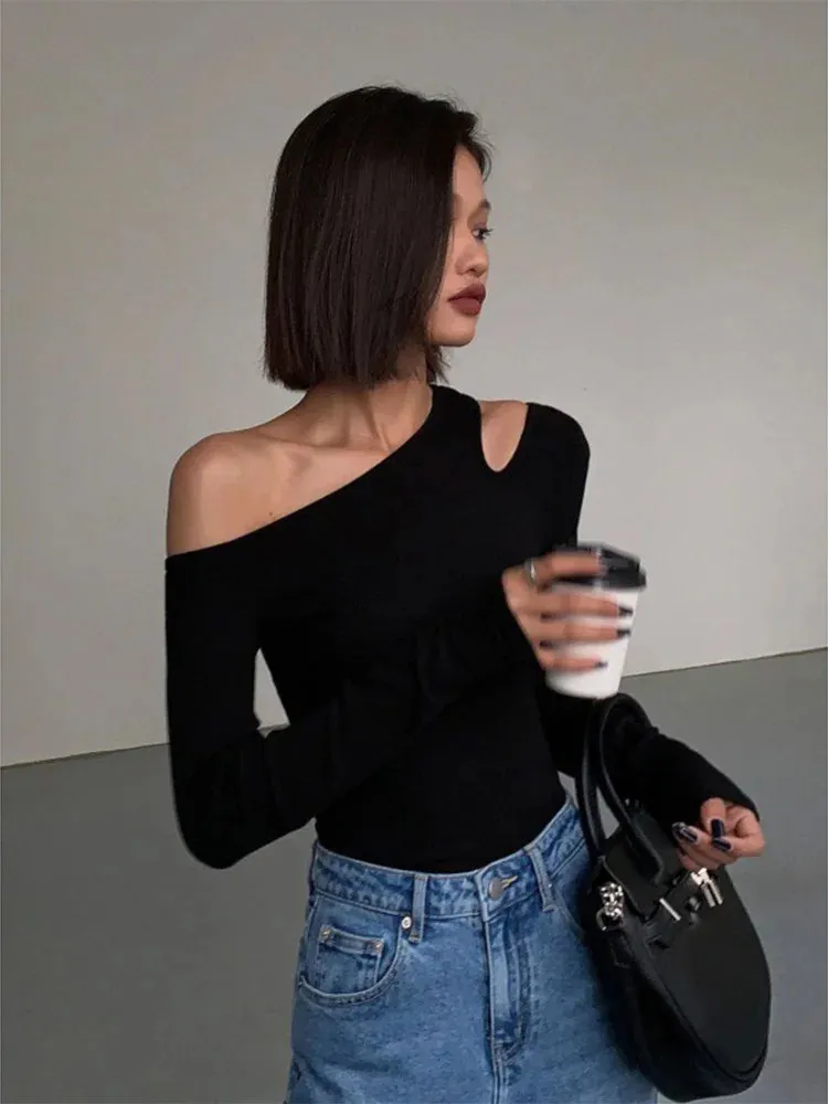 Off-Shoulder Aura™ | Women's Slim Fit Crop Top | Solid Color, Long Sleeves, Hollow Out Design for Spring Style
