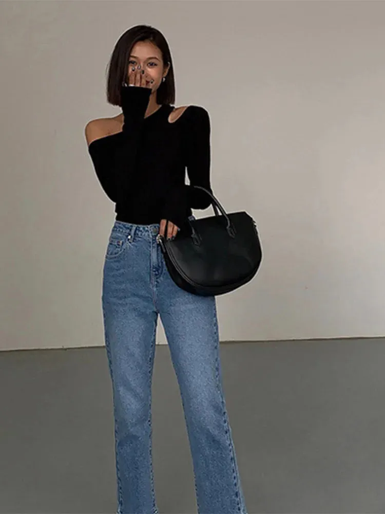 Off-Shoulder Aura™ | Women's Slim Fit Crop Top | Solid Color, Long Sleeves, Hollow Out Design for Spring Style