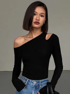 Off-Shoulder Aura™ | Women's Slim Fit Crop Top | Solid Color, Long Sleeves, Hollow Out Design for Spring Style