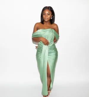 Off Shoulder Crystal Corset Satin Gown