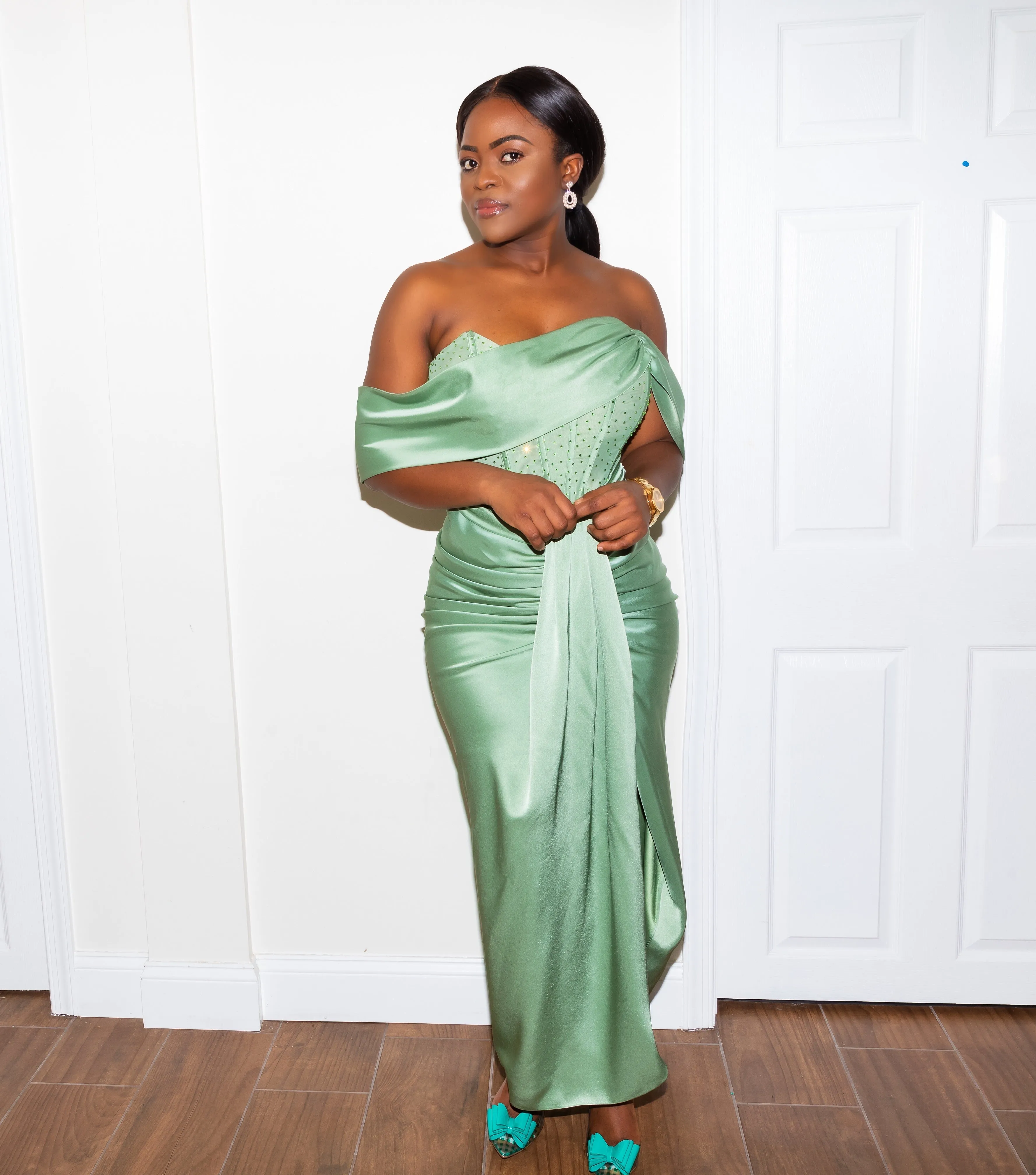 Off Shoulder Crystal Corset Satin Gown