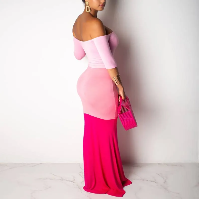 Off Shoulder Long Sleeve Gradient Maxi Dress