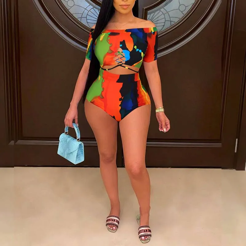 Off Shoulder Print Two Piece Swimsuit Set