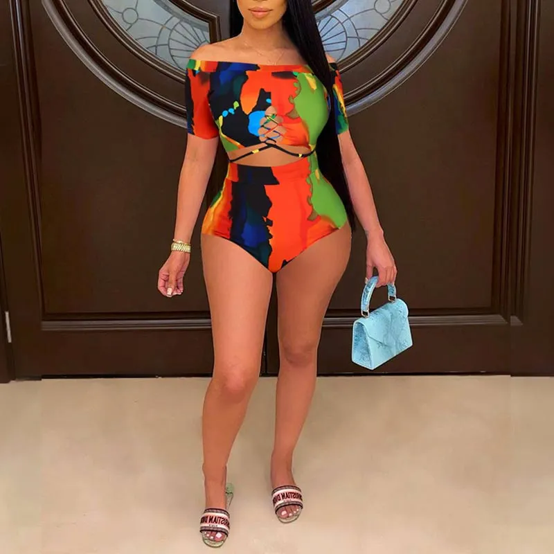 Off Shoulder Print Two Piece Swimsuit Set