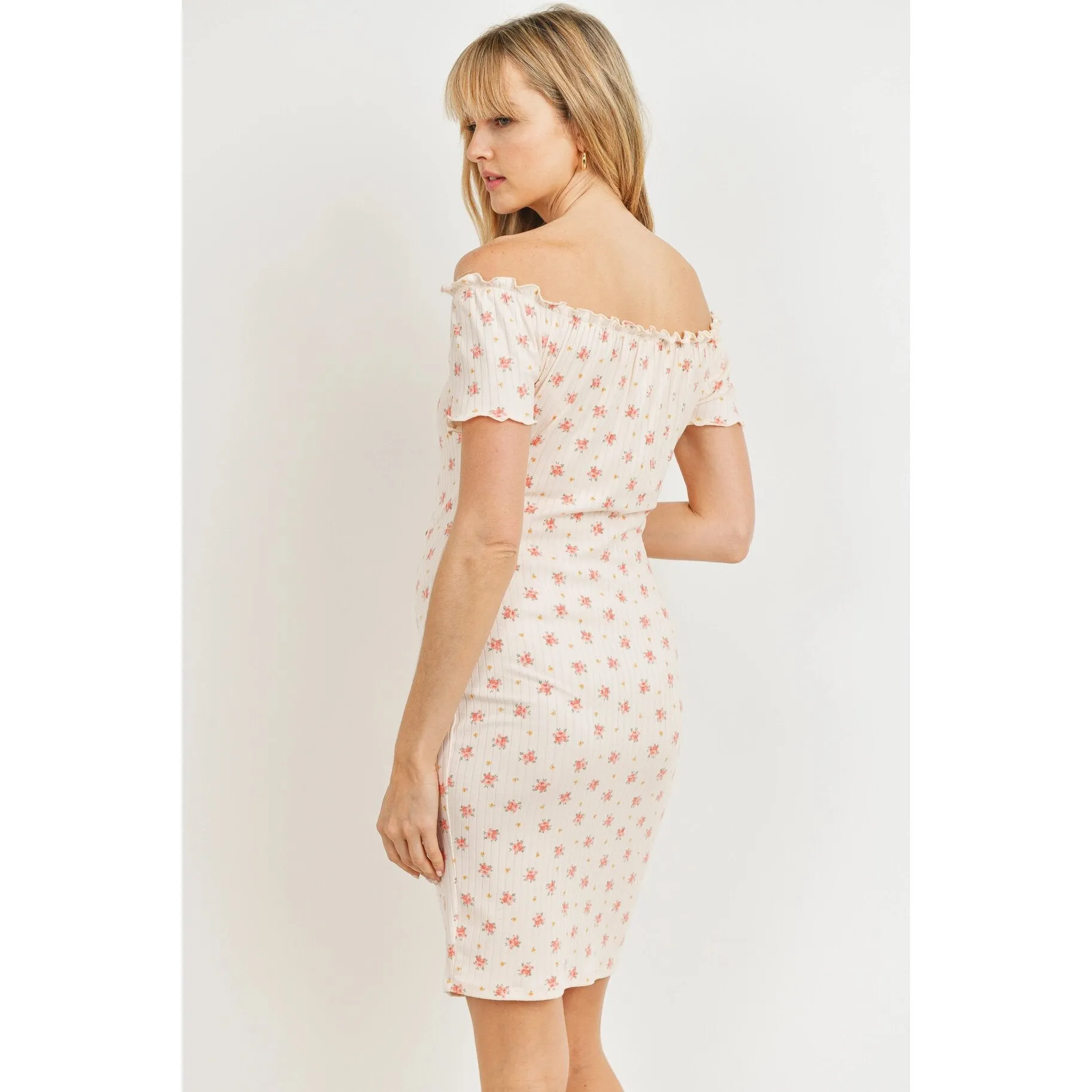 Off Shoulder Ribbed Floral Maternity Dress - X-Large