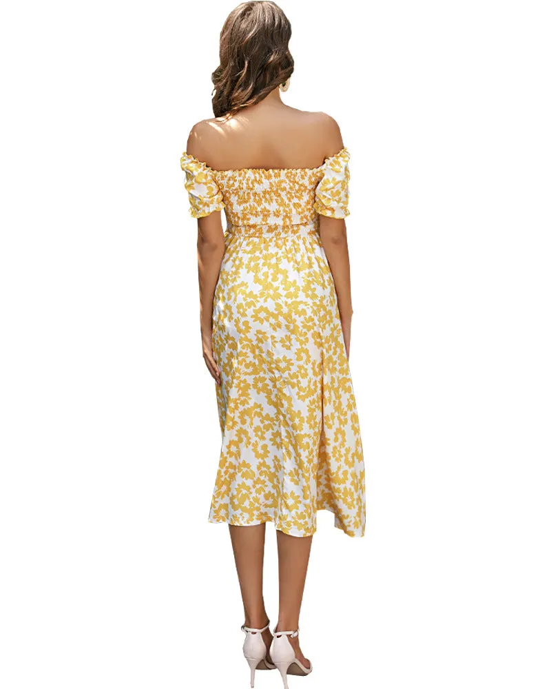 Off shoulder summer flower print yellow dress