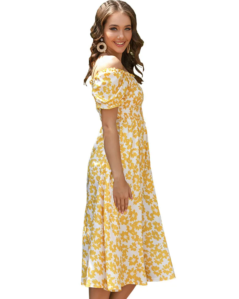 Off shoulder summer flower print yellow dress