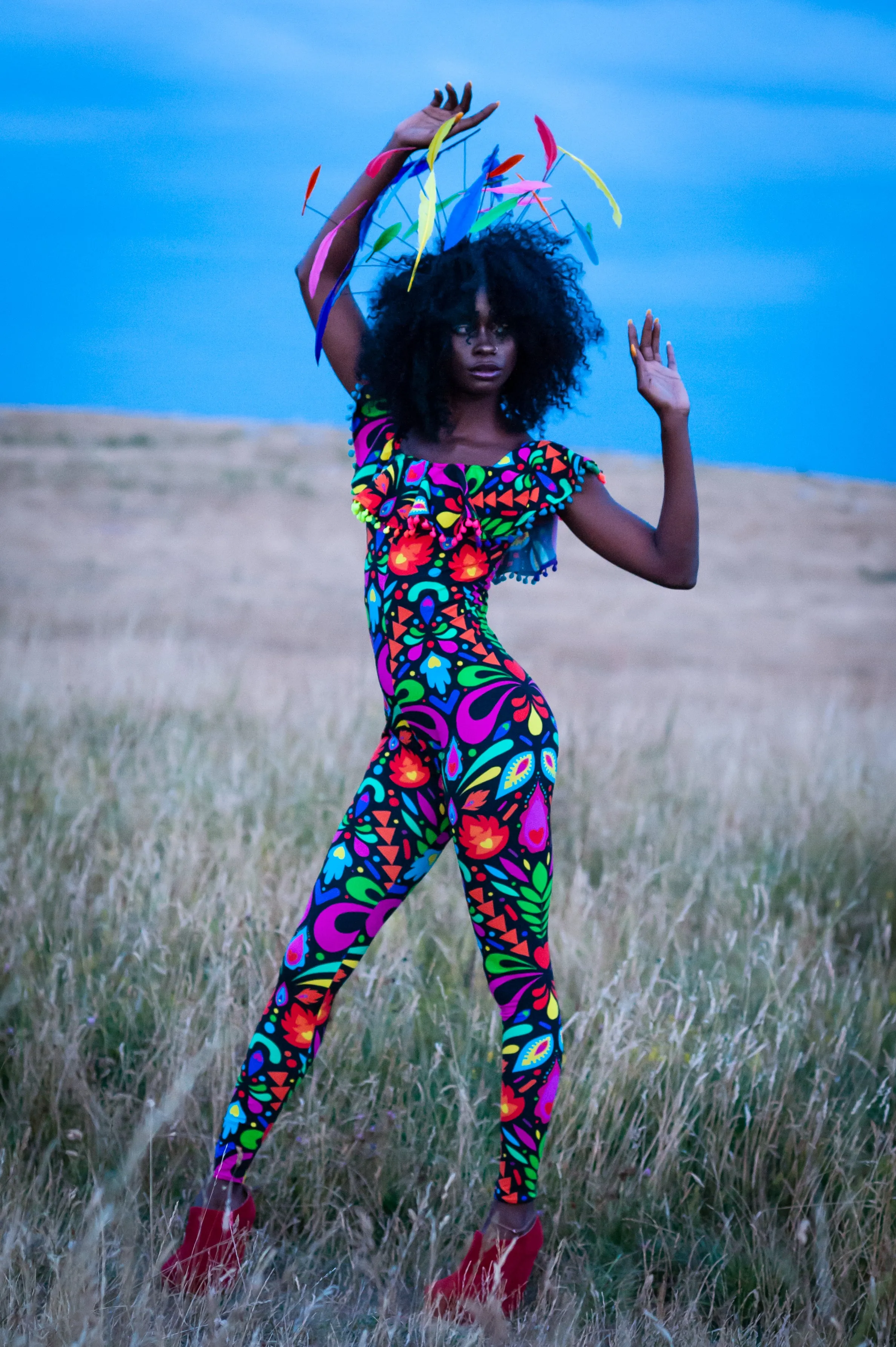 Off-The-Shoulder Catsuit in Black Rainbow Lycra Femina Magicae