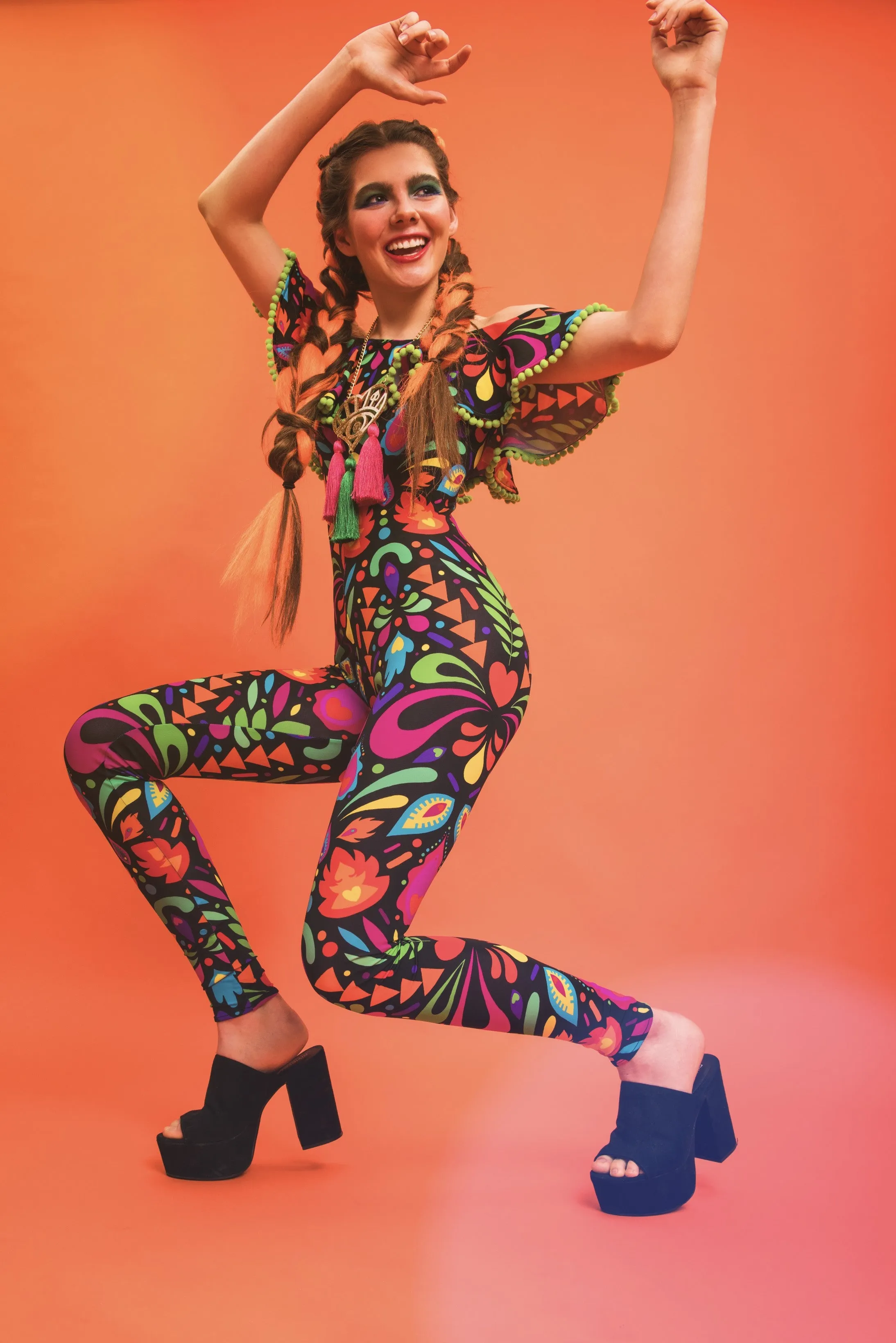 Off-The-Shoulder Catsuit in Black Rainbow Lycra Femina Magicae