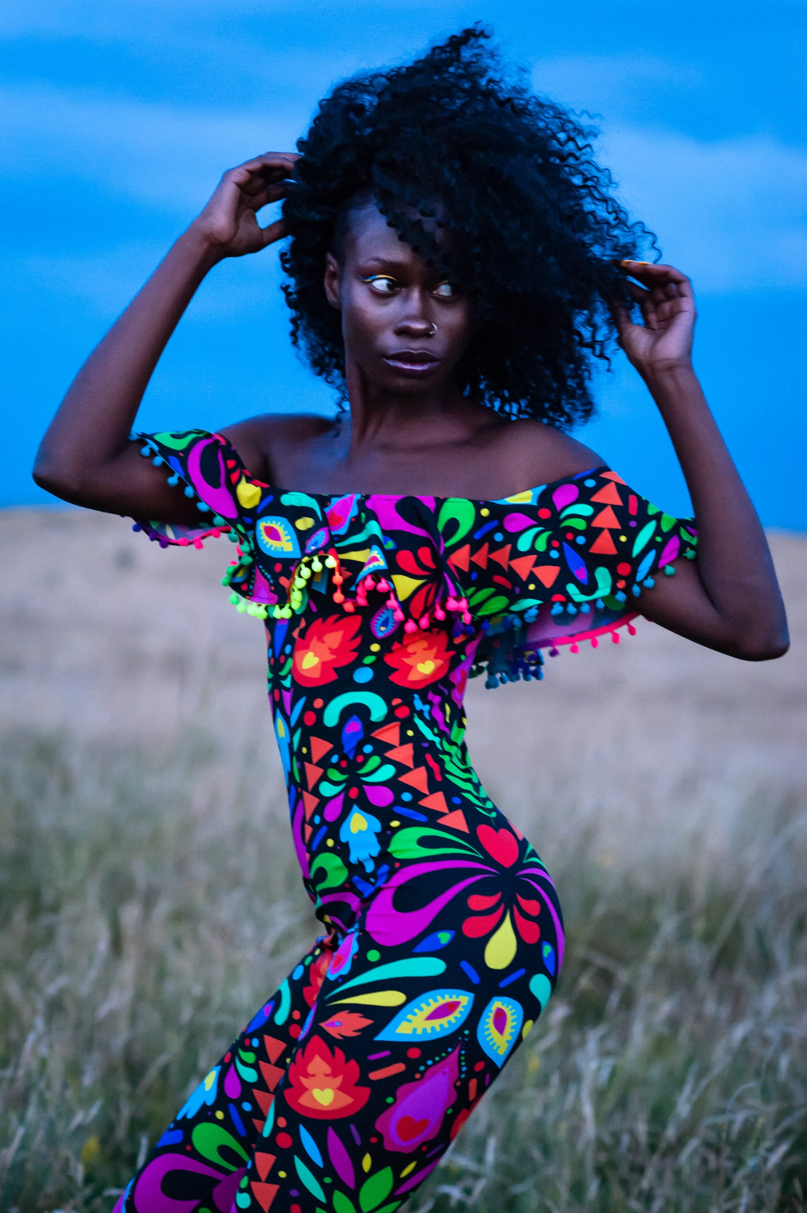 Off-The-Shoulder Catsuit in Black Rainbow Lycra Femina Magicae