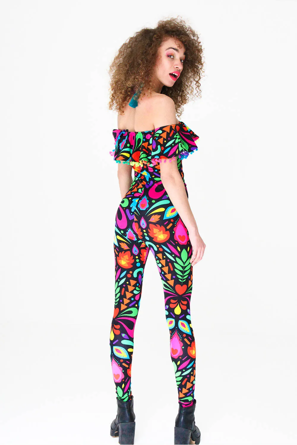 Off-The-Shoulder Catsuit in Black Rainbow Lycra Femina Magicae