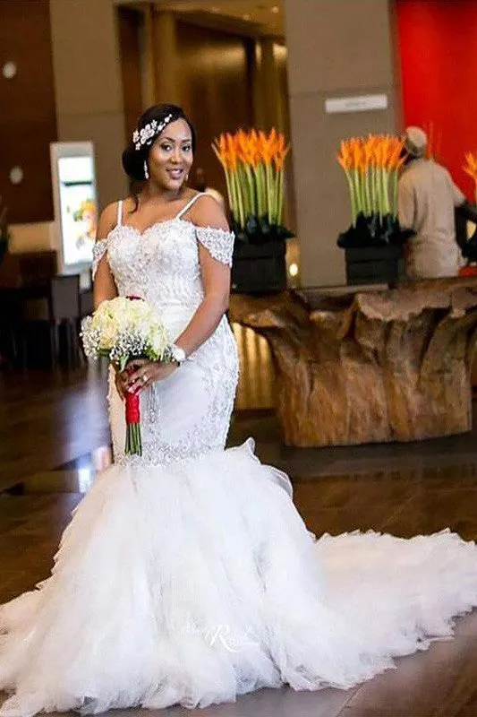 Off the Shoulder Court Train Tulle Mermaid Sleeveless Beading Wedding Dresses