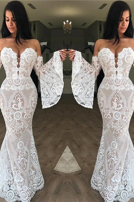 Off-the-Shoulder Lace Evening Dress Chic Strapless Bell Sleeves Prom Dresses