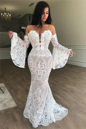 Off-the-Shoulder Lace Evening Dress Chic Strapless Bell Sleeves Prom Dresses